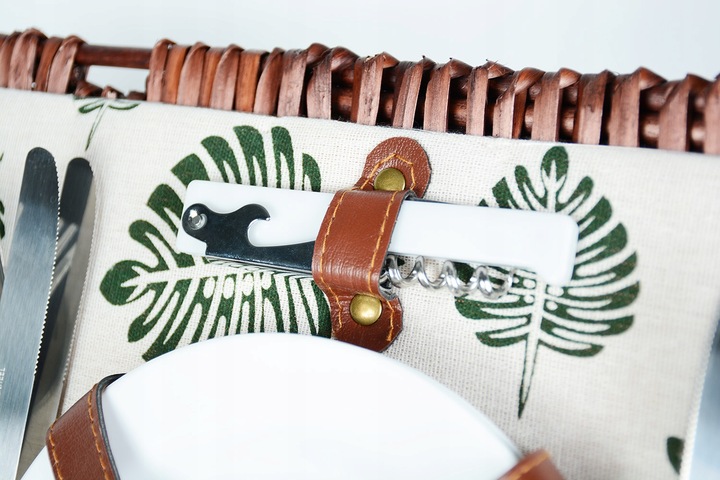 WIKLINOWY KOSZ PIKNIKOWY ZESTAW DLA 4 OSÓB ZASTAWA Z TALERZAMI KIELISZKAMI