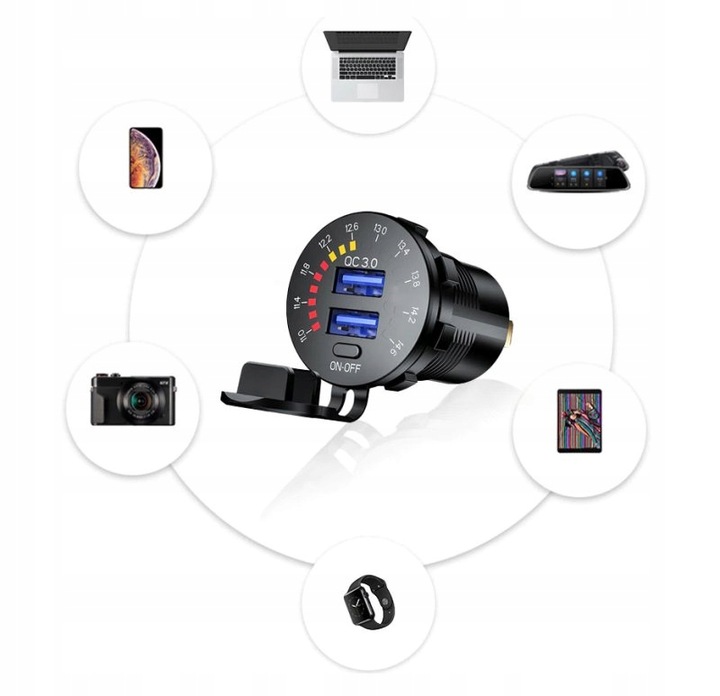 ŁADOWARKA USB QC 12V 24V MIERNIK WOLTOMIERZ LED DO ZABUDOWY ON/OFF DO AUTA