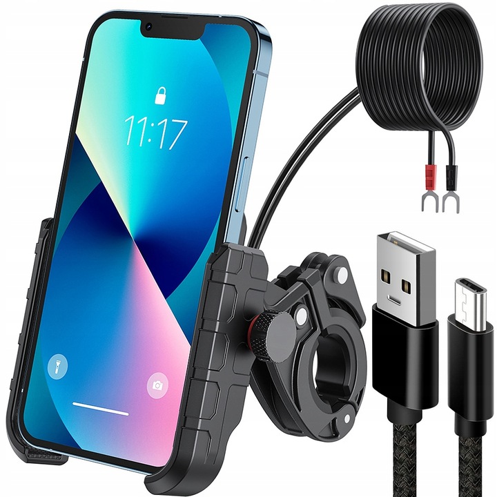 UCHWYT MOTOCYKLOWY NA TELEFON ŁADOWARKA USB 12/24v + KABEL USB 20cm