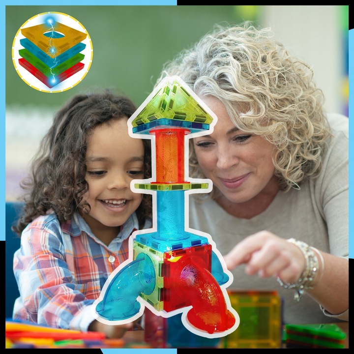 KLOCKI MAGNETYCZNE DUŻE 75 el Konstrukcyjne Świecące Dla Dzieci TOR KULKOWY