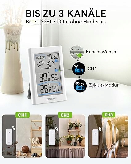 Radiowa stacja pogodowa z czujnikiem zewnętrznym zegar radiowy DCF termomet