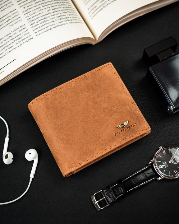 Portfel skórzany męski RFID pojemny na prezent brązowy nubukowy Peterson