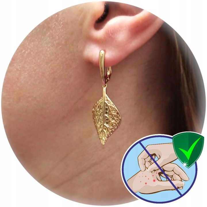 Złote kolczyki wiszące liście eleganckie pozłacane antyalergiczne