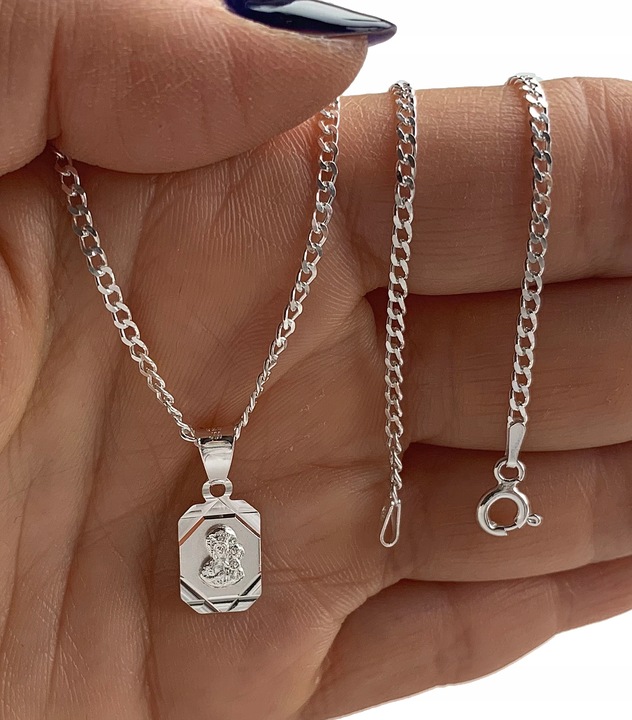 Łańcuszek srebrny pancerka i medalik Matka Boska na komunię na chrzest 50cm