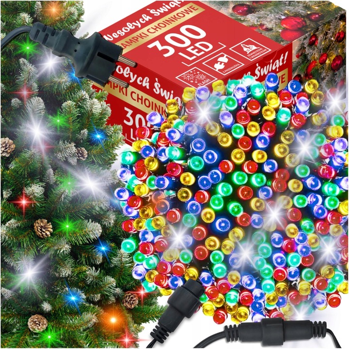 LAMPKI CHOINKOWE MULTIKOLOR 300 LED FLASH WEW/ZEW 22M ŚWIĄTECZNE NA CHOINKĘ