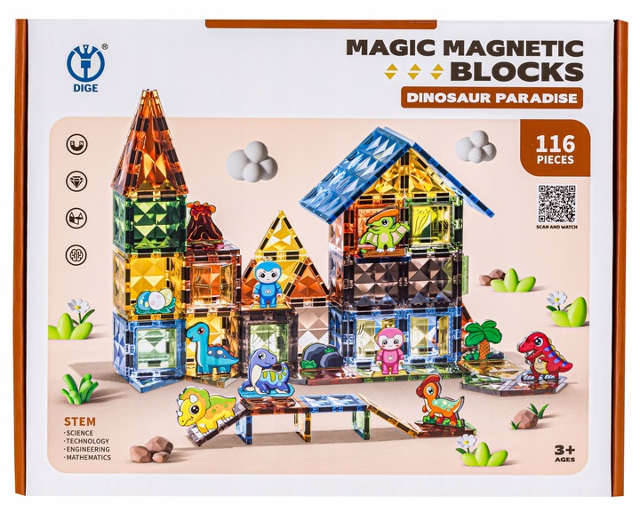 KLOCKI Kafelki KONSTRUKCYJNE MAGNETYCZNE DINOZAURY Zestaw Klocków 116 elem