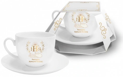 Elegancka Filiżanka ze spodkiem, Prezent Pamiątka na Komunię Komunia Święta