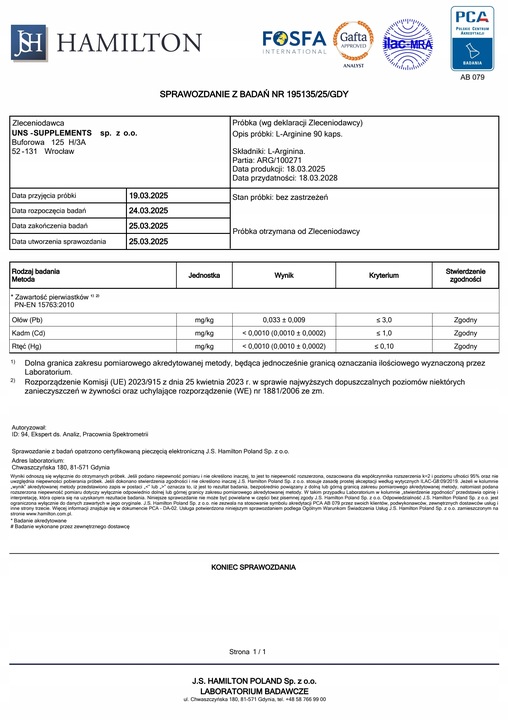 UNS L-ARGININE 90 KAPS LIBIDO SIŁA POMPA POTENCJA