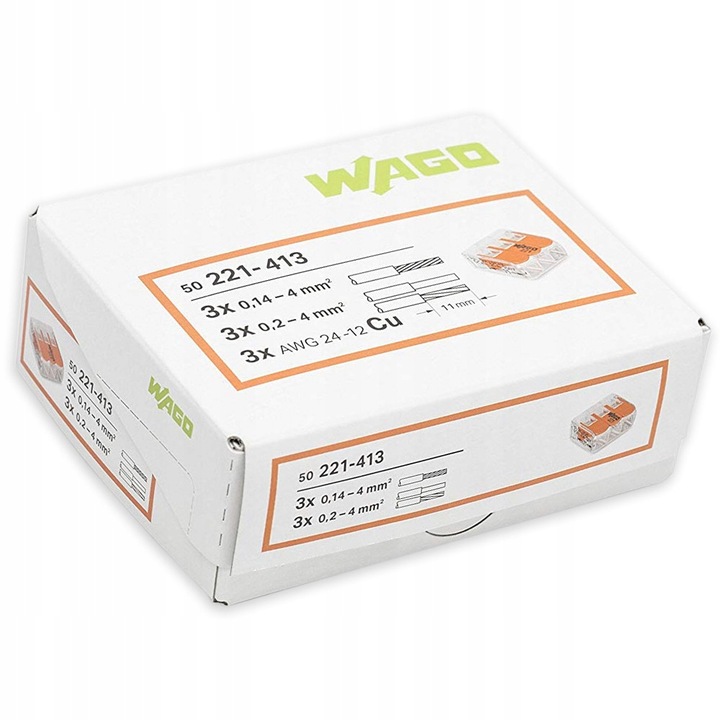 WAGO SZYBKOZŁĄCZKA DRUT/LINKA 3x4mm 221-413 100 szt