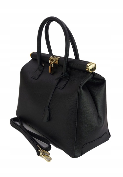 Duża włoska torba A4 skóra kufer kłódka Czarna