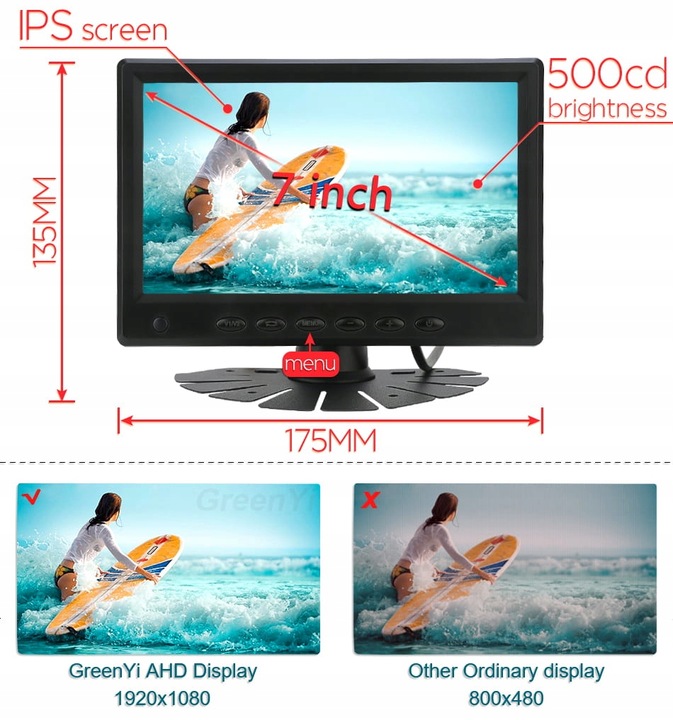 Monitor samochodowy AHD LCD 7 cali 4-PIN 1080P