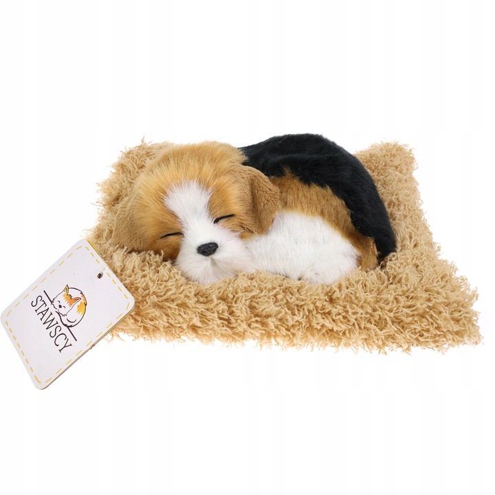 REALISTYCZNY ŚPIĄCY PIESEK NA PODUSZCE JAK ŻYWY figurka DŹWIĘK BEAGLE