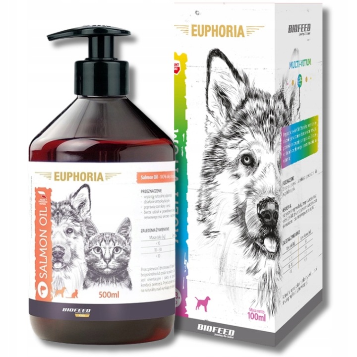 BIOFEED SUPLEMENTY Multiwitamina dla psa 100ml + Olej z łososia omega 500ml