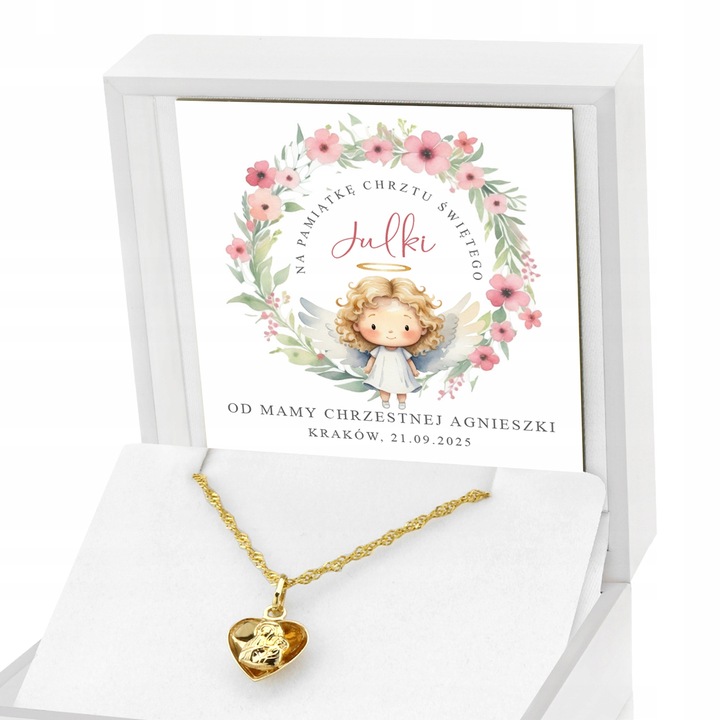 Złoty Łańcuszek Medalik Serce 585 z Grawerem Pamiątka Chrztu Świętego