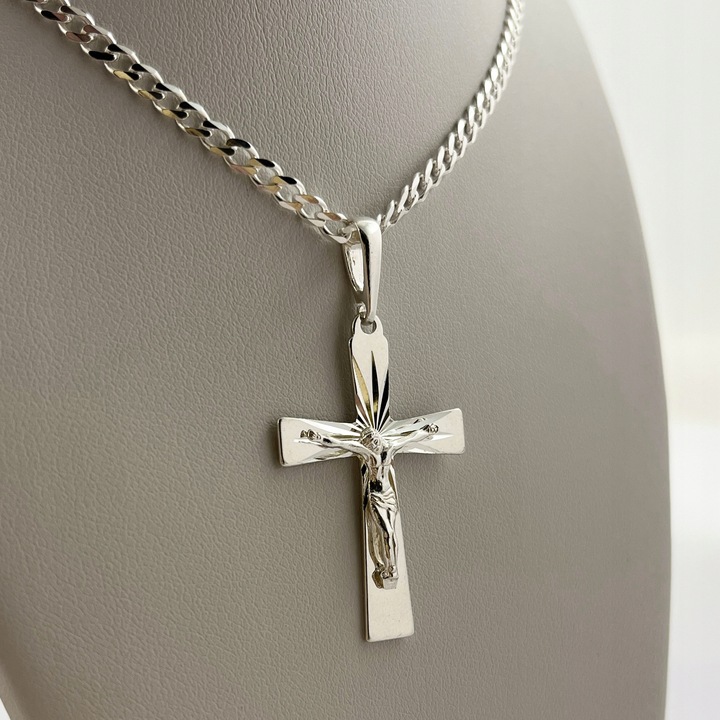 SREBRNY ŁAŃCUSZEK KOMUNIJNY + DUŻY KRZYŻYK JEZUS 925 / DLA CHŁOPCA + GRAWER