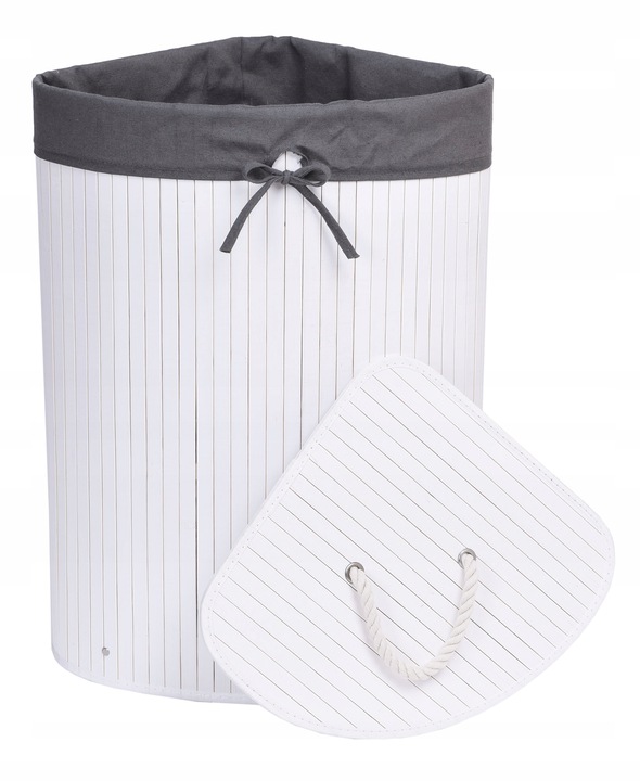 KOSZ POJEMNIK NA PRANIE BIELIZNĘ NAROŻNY BIAŁY BAMBUSOWY Z POKRYWĄ 60L