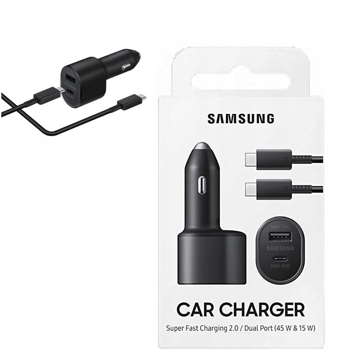 ŁADOWARKA SAMOCHODOWA SAMSUNG 45W+15W 2xUSB +KABEL