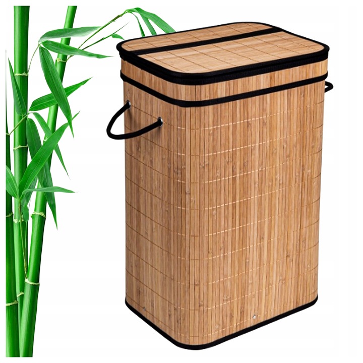 BAMBUSOWY CZARNY KOSZ NA PRANIE WOLNOSTOJĄCY POJEMNIK Z POKRYWĄ 72L