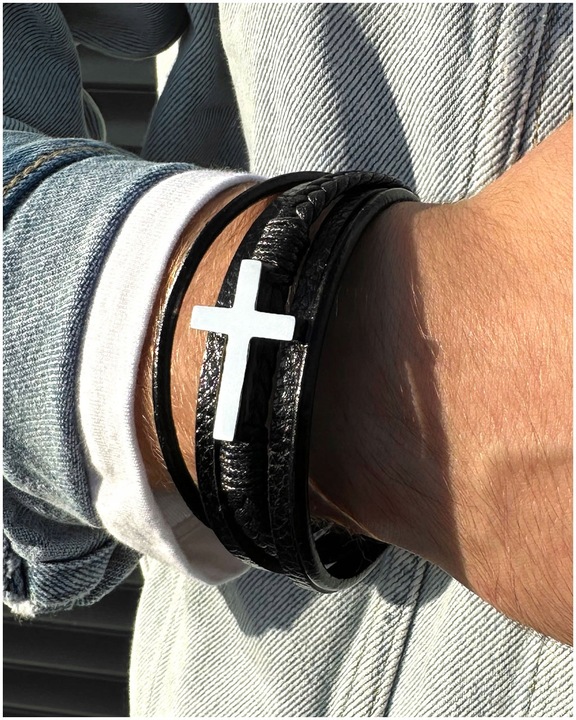 Bransoletka MĘSKA skórzana SREBRNA krzyż KRZYŻYK stal 316L grawer GRATIS!