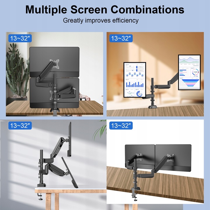 Podstawa obrotowa ze sprężyną gazową dla dwóch monitorów LCD 13-32 cale 9kg