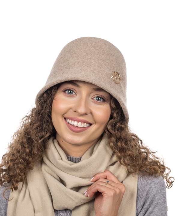 Jasnobeżowy Kapelusz Bucket Czapka Damski Wełniany Elegancki Gładki