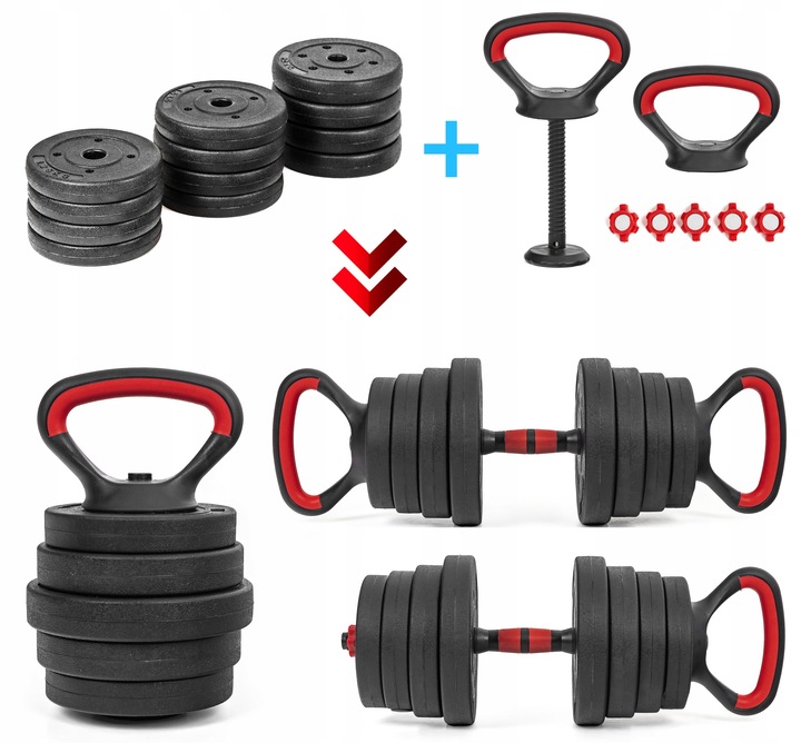 HANTLE regulowane 2x20KG sztanga KETTLEBELL zestaw HANTLI 6w1 GRYFY uchwyty