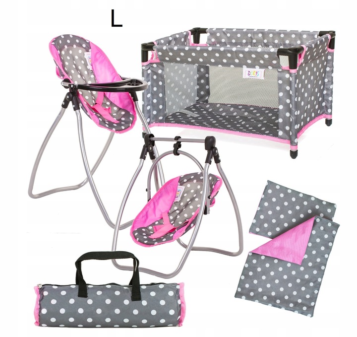 Zestaw dla lalek ŁÓŻECZKO + KRZESEŁKO do karmienia dla laki HUŚTAWKA 2w1