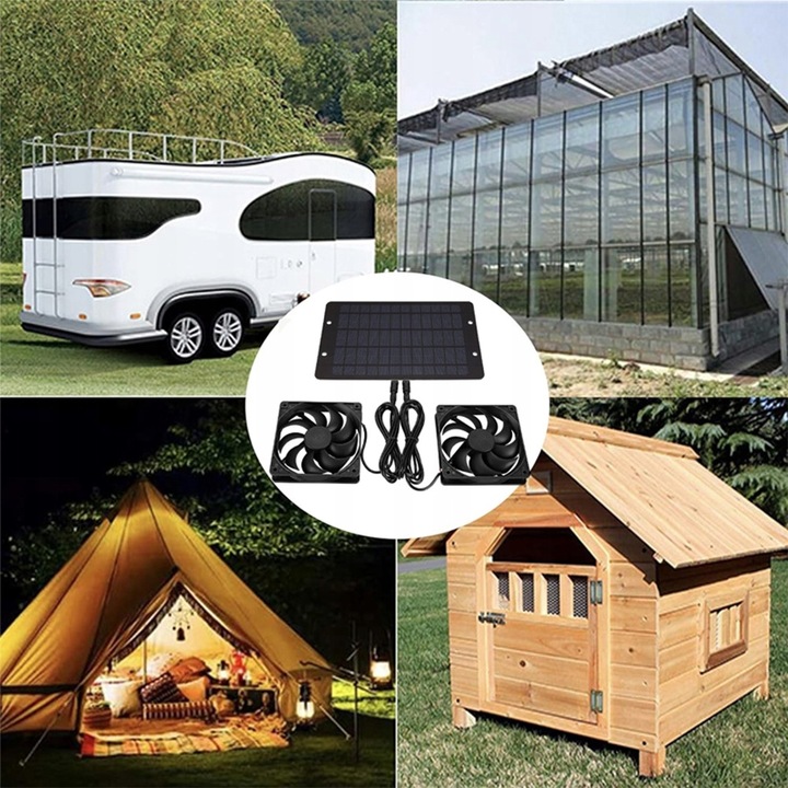 ZEWNĘTRZNY PANEL SOLARNY WENTYLATOR 10W PODWÓJNY WYDECH DO SZKLARNI KURNIKA