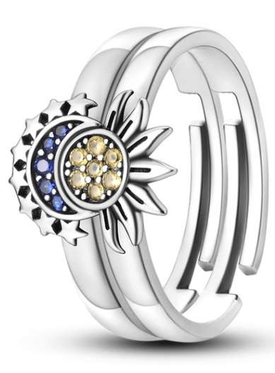 MD srebrny pierścionek księżyc słońce gwiazdki kamienie | regulowany