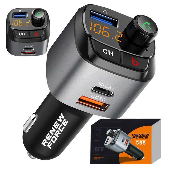 NAJMOCNIEJSZY Transmiter bluetooth FM samochodowy ładowarka 36W QC3.0 USB-C