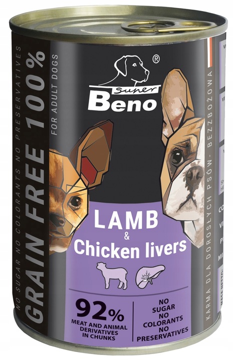 Beno Bezzbożowa Mokra Karma dla psów MIX 12x 415g Puszki dla psa 92% Mięsa