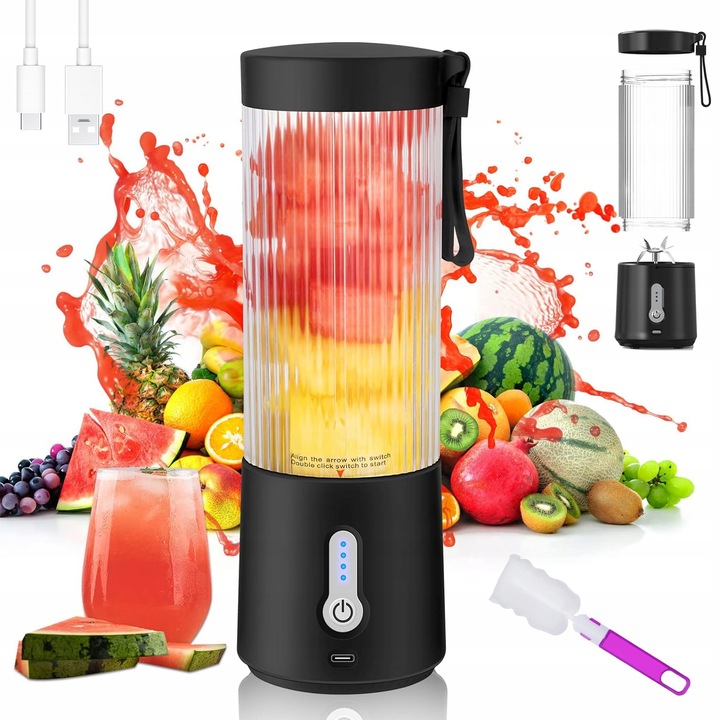 Blender do Koktajli 450ml z 6 Nierdzewnymi Żmijkami i 2000mAh Baterią
