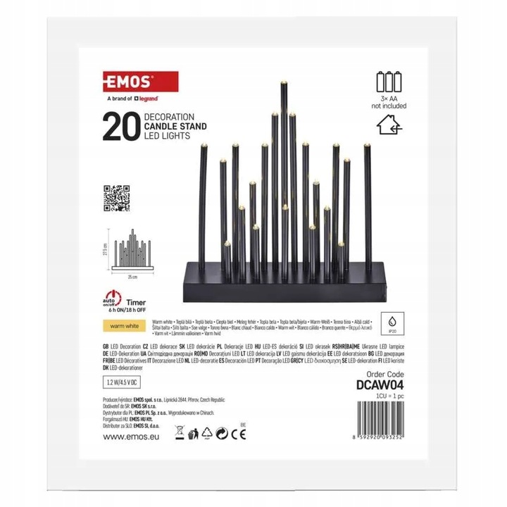 Świecznik świateczny czarny 20 LED 27 cm 3x AA ciepła biel IP20 timer EMOS