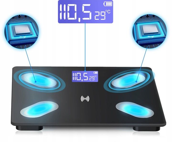 WAGA ŁAZIENKOWA ANALITYCZNA SMART APLIKACJA BLUETOTH SZKŁO + BATERIE GRATIS