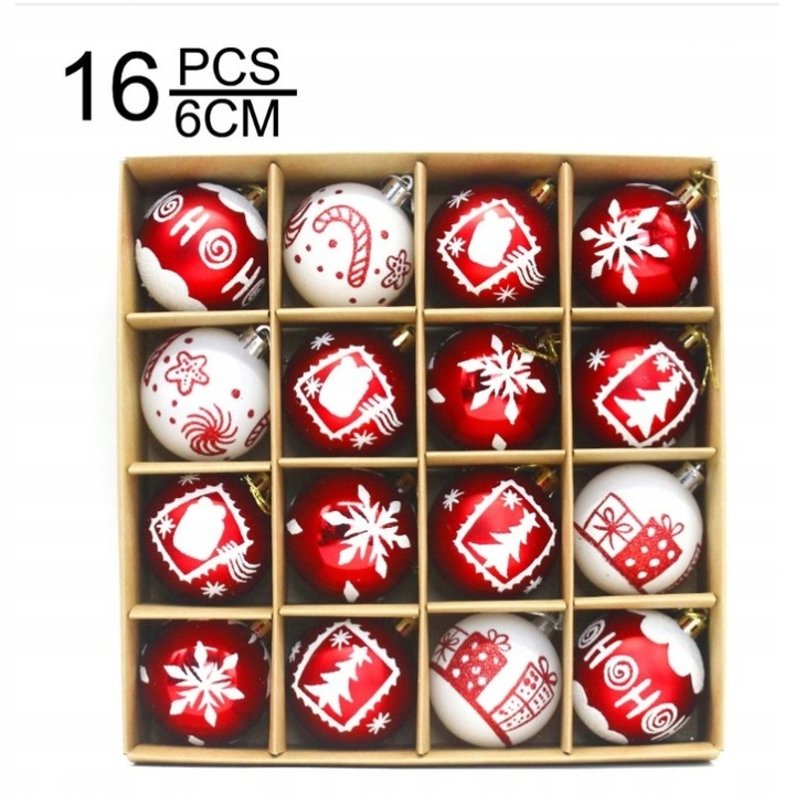 Bombki choinkowe czerwono-białe 16 szt 6 cm | Zestaw ozdób świątecznych