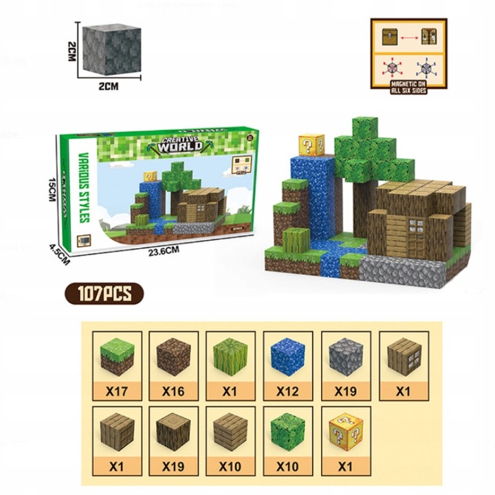 Klocki Magnetyczne Minecraft- Sześciany 107 szt. + Figurka i Karty- Mocne!