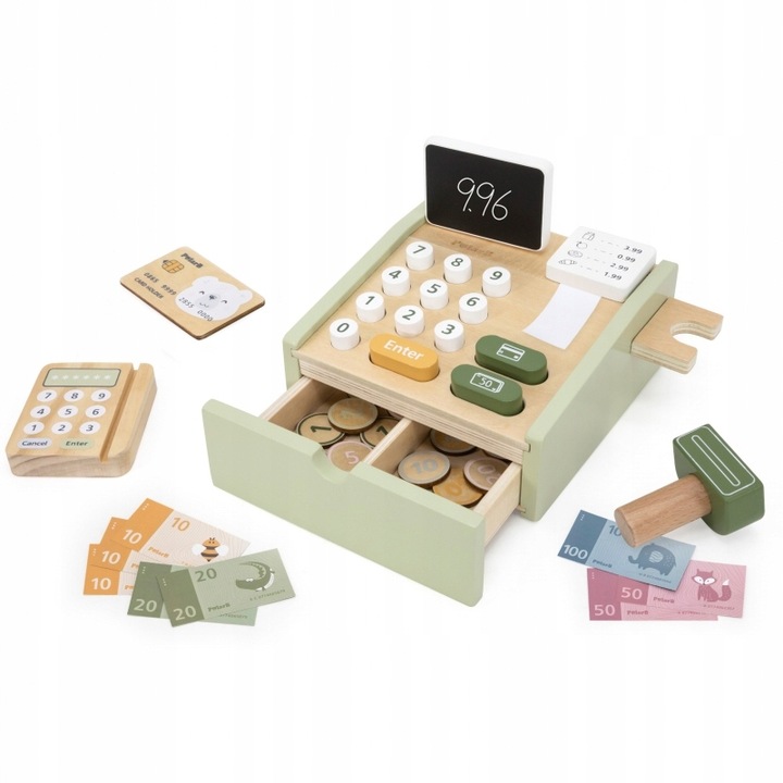 Drewniana kasa sklepowa PolarB w kolorze zielonym z terminalem i gotówką