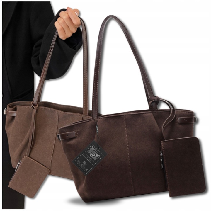 Torebka Shopper Damska Zamszowa A4 Na Ramię Brązowa Torba Elegancka Pojemna