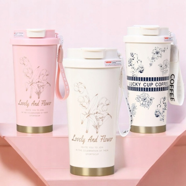 Kubek Termiczny Z Uchwytem I Ustnikiem, Przenośny 550 ml Biały