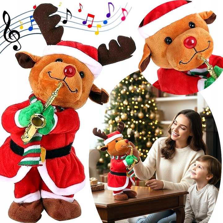 TAŃCZĄCY RENIFER W STROJU MIKOŁAJA Z SAKSOFONEM GRAJĄCA OZDOBA ŚWIĄTECZNA