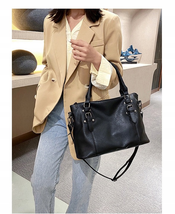 TOREBKA WOREK NA RAMIĘ brąz czarna SHOPPER DO RĘKI pasek jakość