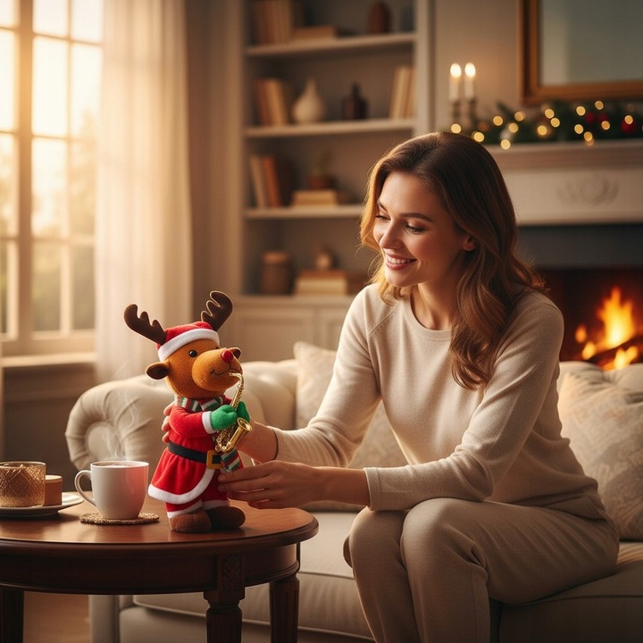 TAŃCZĄCY RENIFER W STROJU MIKOŁAJA Z SAKSOFONEM GRAJĄCA OZDOBA ŚWIĄTECZNA