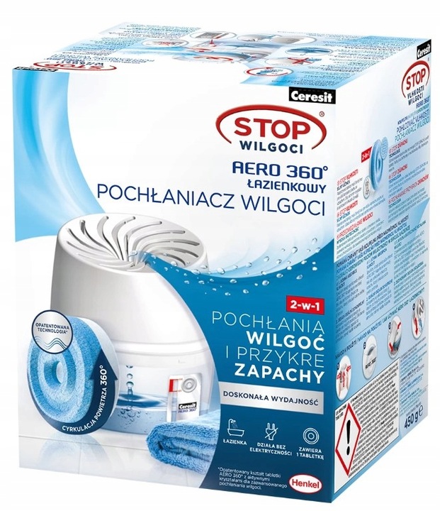 CERESIT STOP WILGOCI POCHŁANIACZ WILGOCI ŁAZIENKOWY BIAŁY AERO360° TABLETKI