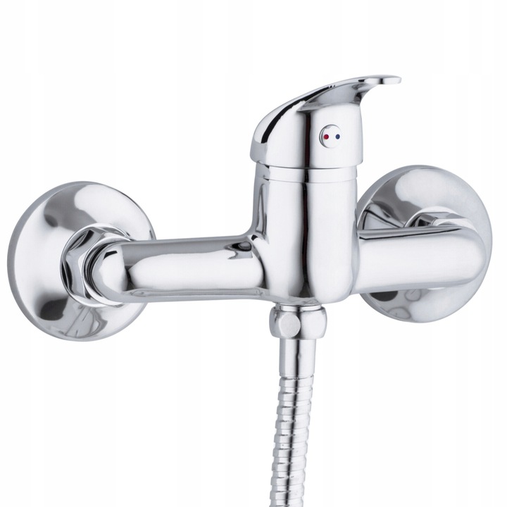 Bateria prysznicowa srebrna ścienna jednouchwytowa ze słuchawką i wężem