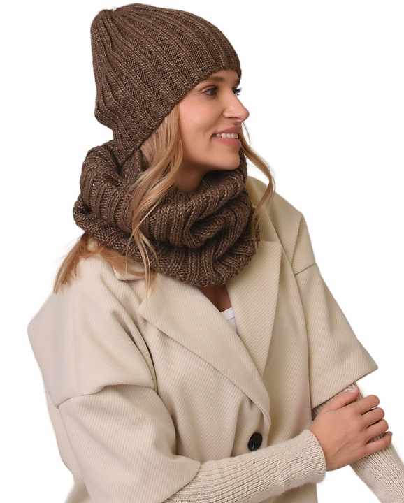 damski Komplet brązowyi zimowy CZAPKA Z KOMINEM ciepły ZESTAW polski Be4