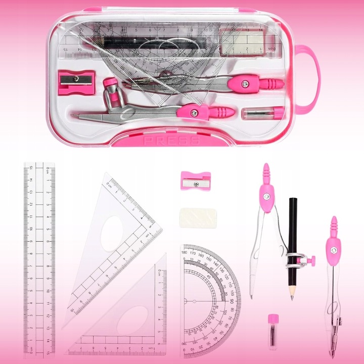 ZESTAW GEOMETRYCZNY 10 ELEMENTÓW CYRKIEL LINIJKI DO KREŚLENIA DO RYSOWANIA