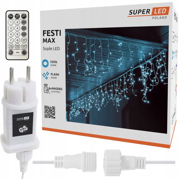 Sople 500 LED zewnętrzne ZIMNE + FLASH 22,5 m świąteczne + pilot