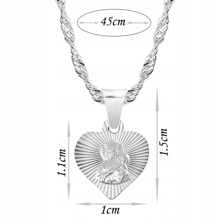 Srebrny łańcuszek 45 cm medalik serce Boska Częstochowska Komunia i Chrzest