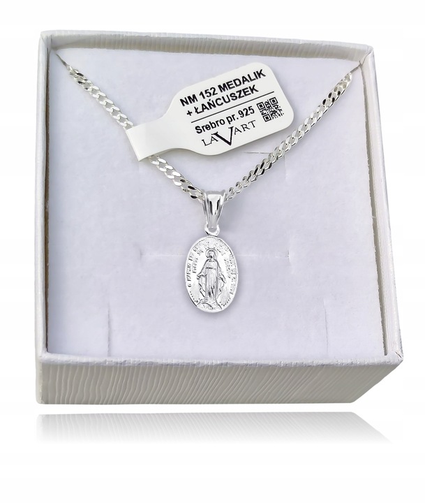 ŁAŃCUSZEK srebrny MEDALIK komunijny Matka Boska Cudowna do Komunii Chrzest