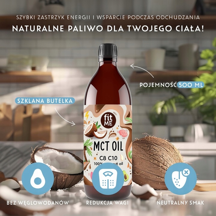 Olej MCT z kokosa 100% Coconut olej kokosowy keto C8 + C10 500 ml + pompka